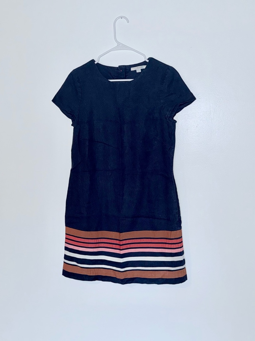 Boden Navy Short-Sleeve Mini Dress with Striped Hem